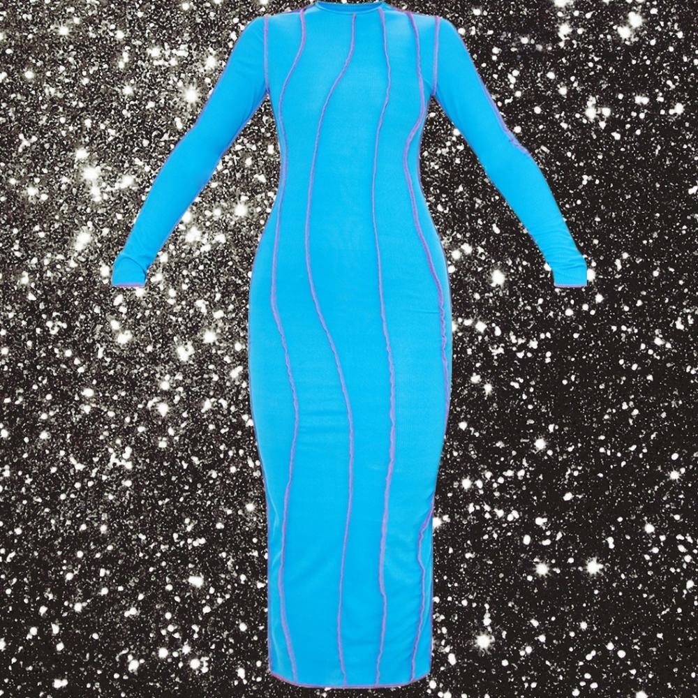 PrettyLittleThing Bright Blue Long Sleeve Bodycon Midi Dress with Purple Seams